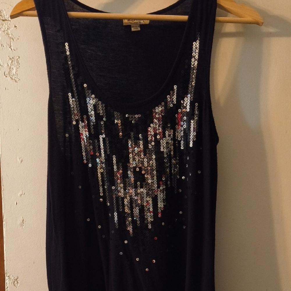 Emerald Black Tank Top with Silver and Red Sequins